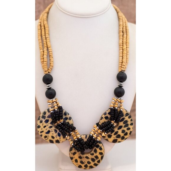 34 inch, Vintage Leopard Black Beads Bib Necklace - X24 - Picture 2 of 3